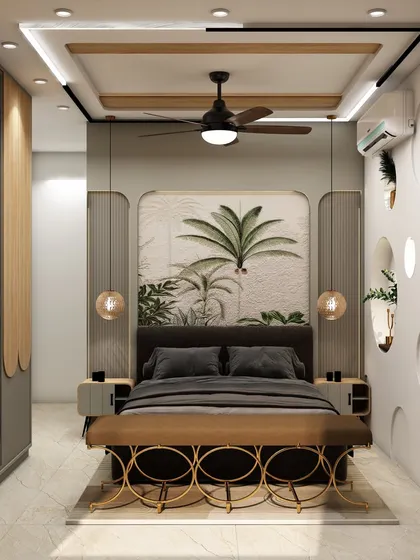 A front view of the tropical-themed bedroom, highlighting the symmetry of the design with matching bedside tables and pendant lights, creating a harmonious and balanced look.