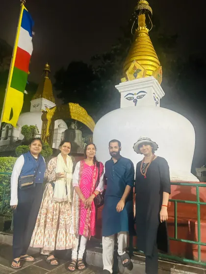 A photo of our sangha at the Bouddhanath Stupa. Journeying with fellow seekers amplifies the experience and creates a supportive field of energy.