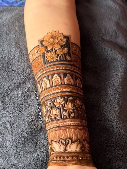 This forearm design combines a lotus band with a swan motif, symbolizing grace and beauty. The intricate patterns and clean lines are a hallmark of our work.