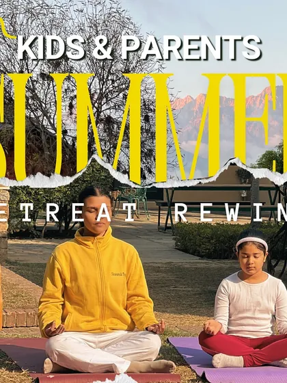 A collage from our Kids & Parents Summer Retreat, showing meditation and yoga practice outdoors. It is a time for families to connect with each other and with nature.