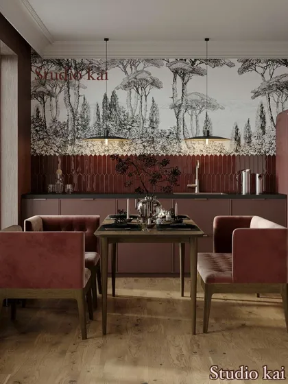 A 3D render of a unique kitchen and dining nook. We used a striking forest-themed wallpaper and deep red tiles to create a bold, atmospheric space that’s full of character.