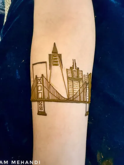 The outline for a custom cityscape design. Even complex scenes like this start with a clean and simple line drawing to ensure the perspective and proportions are correct.