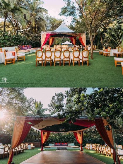 The perfect setting for a pre-wedding cocktail party or sangeet night. The lawn provides ample space for a dance floor, while the surrounding trees, lit with elegant chandeliers and string lights, create a festive and celebratory atmosphere.