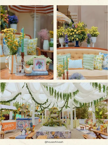 A collage of the Positano-themed Mehendi, showing the picnic-style seating, the floral fountain, and the overall fresh and vibrant atmosphere.