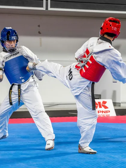 Another angle of Mohit Singh in action, demonstrating the precision required in para-taekwondo.