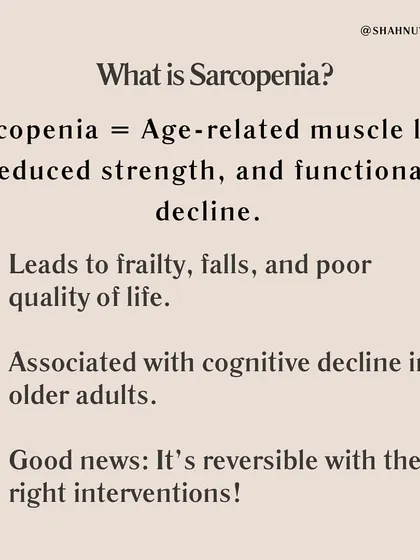 What is Sarcopenia? It's age-related muscle loss, reduced strength, and functional decline. The good news is that it's reversible with the right interventions, like resistance training and proper nutrition.