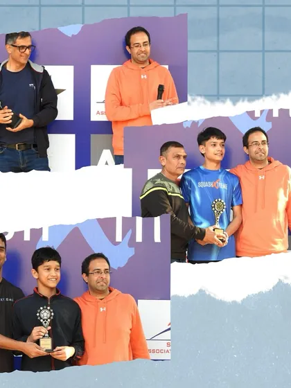 Our head coach with players and parents during the prize distribution ceremony of the Squash Xtreme Open 2024.