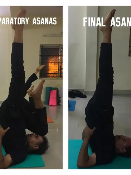 A student shows the preparatory and final stages of Sarvangasana (Shoulder Stand). This inversion calms the brain and stimulates the thyroid gland.