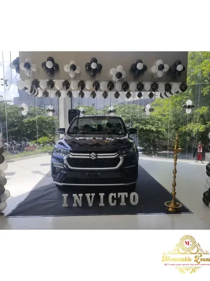 For the launch of the Maruti Suzuki Invicto at a Nexa showroom, I designed a sleek and modern black and white theme. The decor, including balloon pillars and wall arrangements, was created to highlight the new car without distracting from it.