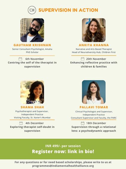 This graphic details the "Supervision in Action" part of our learning series. It introduces the supervisors and the topics they will explore, such as centering the self of the therapist and exploring self-doubt in supervision.