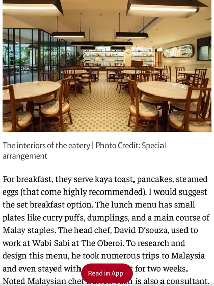 This part of the review highlights our menu, from the breakfast sets to the main courses. It also mentions our talented head chef, who took research trips to Malaysia to perfect our dishes.