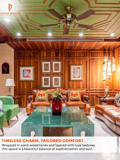 This room is a fusion of classic and bold. The rich wood paneling and leather sofas are complemented by vibrant green velvet chairs and an intricate coffered ceiling.