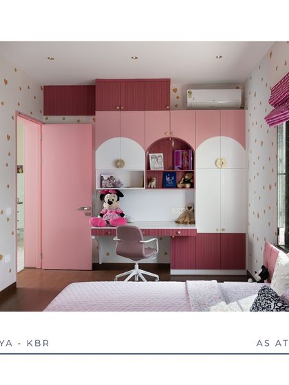 A Dreamy Pink Room Comes to Life: From a playful mood board of pinks and golds to detailed 3D renders, see how we brought this whimsical kid's bedroom to life. The final room, with its arched wardrobe details and integrated study, is a perfect match to the initial vision.