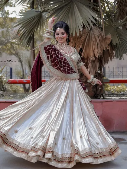 A wedding lehenga is made for movement, and we make sure to capture that magic. This shot of a bride twirling in her shimmering white and maroon lehenga shows the beautiful flare of the skirt and her joyful expression.