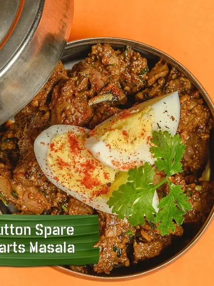 My Mutton Spare Parts Masala is a true nose-to-tail dish. I use various cuts and organs, cooking them in a thick, spicy masala that highlights the different textures and flavours of the meat. It's a rustic and authentic Naati delicacy.