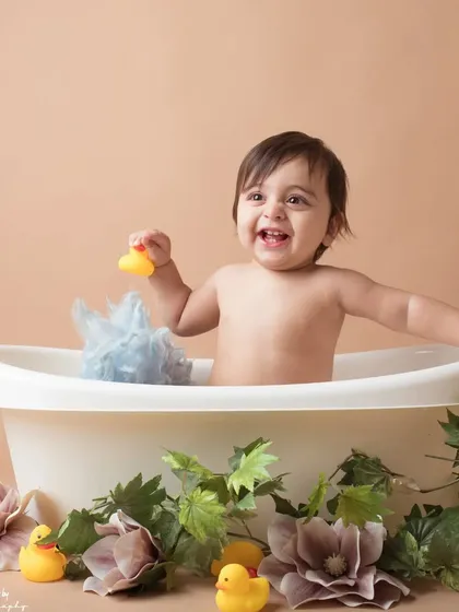 Playing with a rubber ducky in the tub. These playful shots are perfect for capturing the fun of a sitter session.