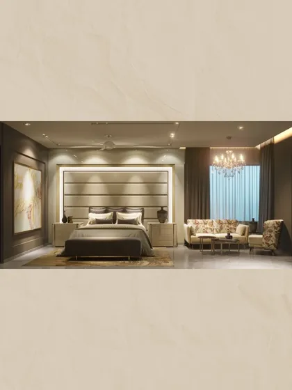This master suite is designed for ultimate luxury and comfort, featuring a large, upholstered headboard with integrated lighting. The space also includes a separate seating area with a plush sofa and chandelier, making it a true retreat.