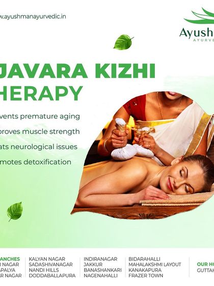 Discover Njavara Kizhi therapy, a rejuvenating treatment where the body is massaged with poultices filled with medicated rice. This graphic outlines its benefits, including preventing premature aging, improving muscle strength, and promoting detoxification.