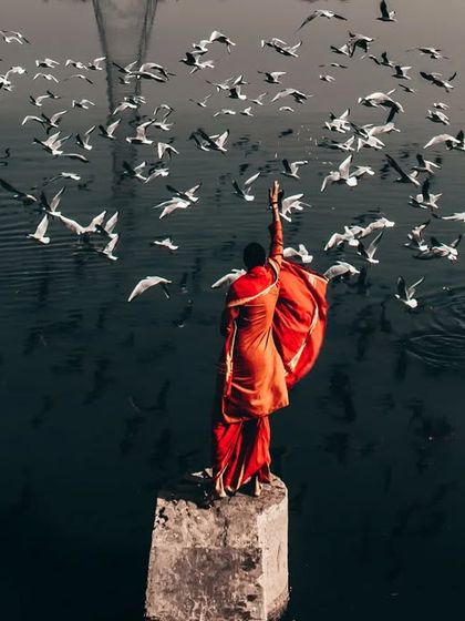 A man feeding seagulls at Yamuna Ghat in Delhi. This powerful image captures a moment of connection between humans and nature in the heart of the city.