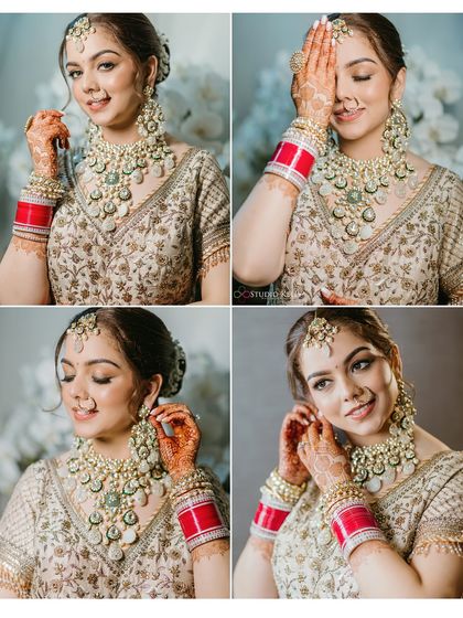 A collage of playful and elegant bridal portraits, showing the bride getting ready for her Sikh wedding ceremony in Bangkok.