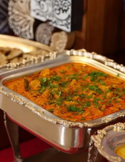 A rich and flavourful Gatte ki Sabji, presented in an elegant silver serving dish. This classic gram flour curry is a testament to our commitment to authentic regional Indian flavours.