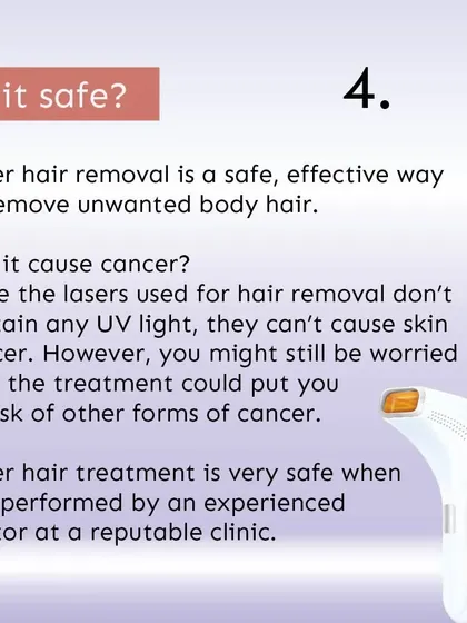 "Is it safe?" Yes, laser hair removal is a very safe procedure when performed by an experienced doctor in a reputable clinic. The lasers we use do not contain UV light and do not pose a risk of skin cancer.