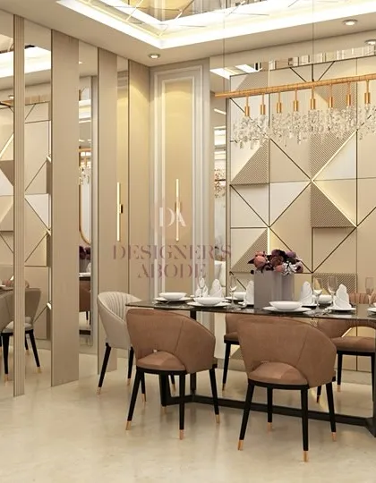 This dining room design uses geometric wall panels and reflective surfaces to make a compact space feel luxurious and expansive. The neutral chairs and sleek table are complemented by a modern crystal chandelier.