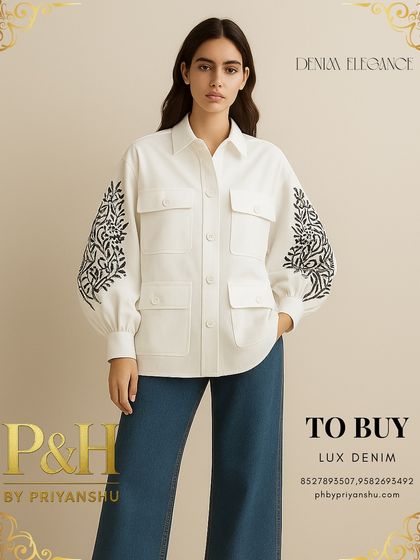 A full-length shot of the white embroidered shirt and blue jeans, capturing the model's confident pose and the modern styling.