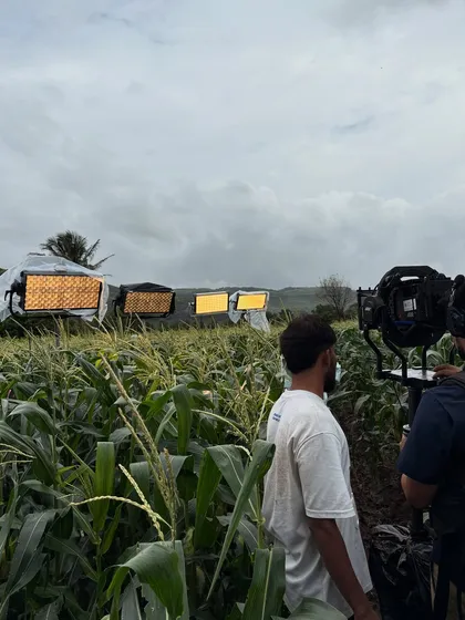 A row of ARRI SkyPanel X fixtures being used on an outdoor location shoot. Their modular design and powerful output make them ideal for creating large, soft light sources in any environment.