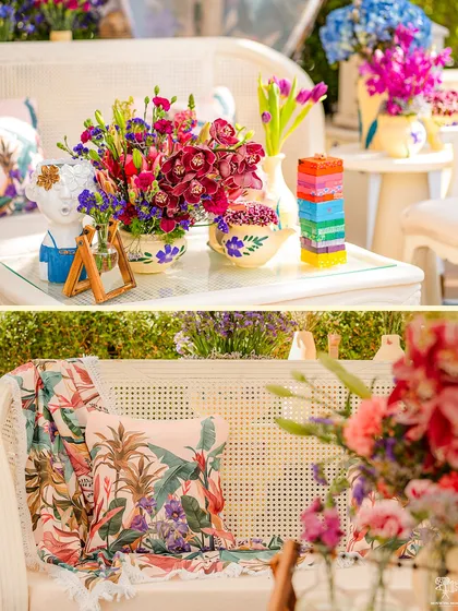 A collage showcasing the details of a vibrant outdoor setup. From the floral printed cushions to the colorful bouquets, every element is carefully chosen to create a cohesive and beautiful theme.