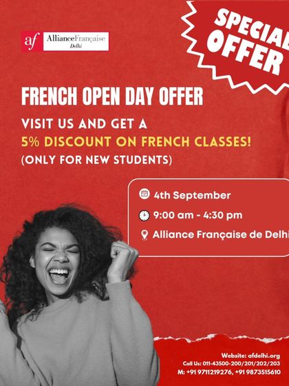 A special offer for our French Open Day. Visit us and get a 5% discount on French classes, exclusively for new students who register on the day.