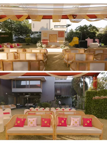 An overview of the Haldi ceremony seating arrangement. The clean lines, comfortable seating, and open-air setting create a relaxed and joyful ambiance for the celebration.
