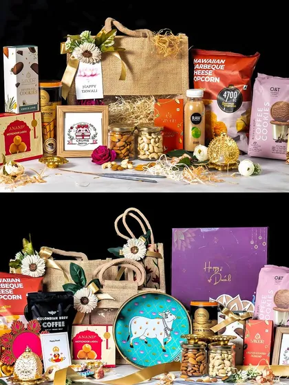 We offer a variety of hamper sizes and contents for Diwali. This composite image displays two different but equally festive arrangements, one in a jute bag and a larger one with a wider assortment, showcasing our ability to cater to different budgets and preferences.