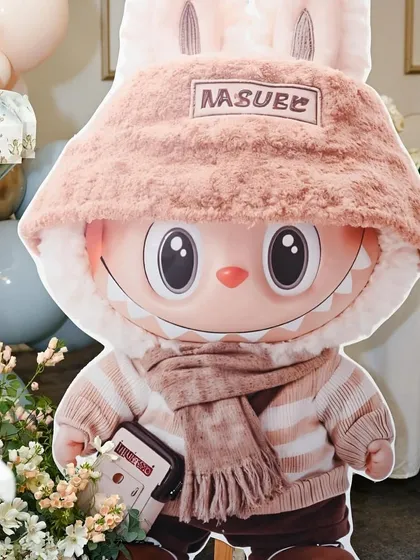 A life-sized cutout of a trendy Labubu character, complete with a fuzzy hat and scarf.