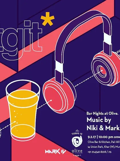A stylish graphic promoting my bar night at Olive Bar & Kitchen in Bandra, one of Mumbai's trendiest spots.