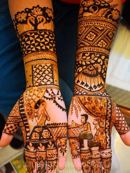 I love bringing wedding rituals to life, like this ring ceremony scene captured in henna. This custom portrait mehndi shows the groom placing the ring on the bride's finger, making it a truly personal and memorable design for her special day.