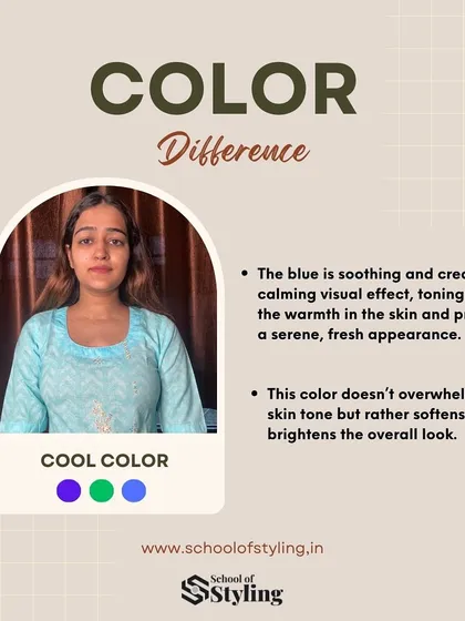 This image demonstrates the effect of a cool color. The soft blue creates a calming, fresh appearance by toning down warmth in the skin, which brightens the overall look without overwhelming it.