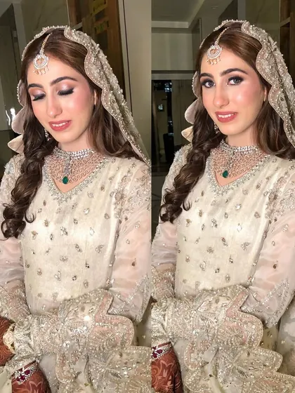 A beautiful portrait of the Nikaah bride, her hair styled in soft, elegant waves.