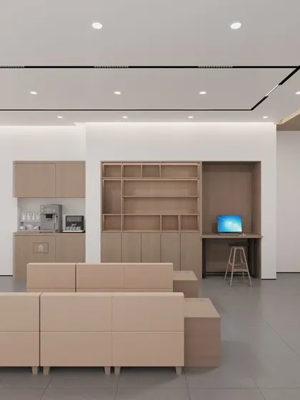 A render of the customer lounge and service area on the upper floor of the Hyderabad store. This space was designed to be a comfortable and quiet zone, separate from the main retail floor.