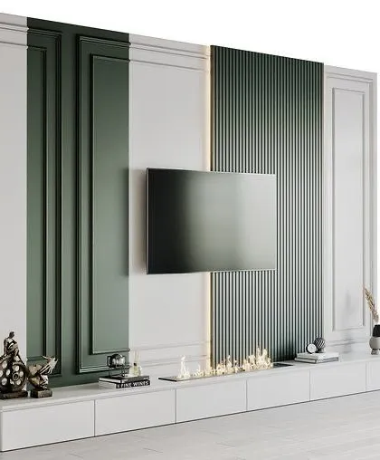 A TV wall concept featuring classic green and white wall molding with integrated fluted panels. The design includes a low-profile console with a built-in modern fireplace.