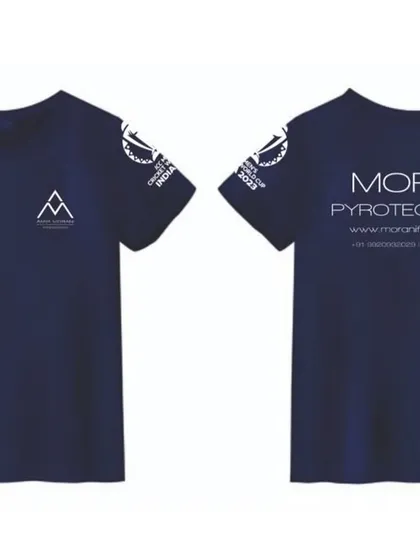 A mockup showing another version of the custom crew T-shirt with names on the sleeves.