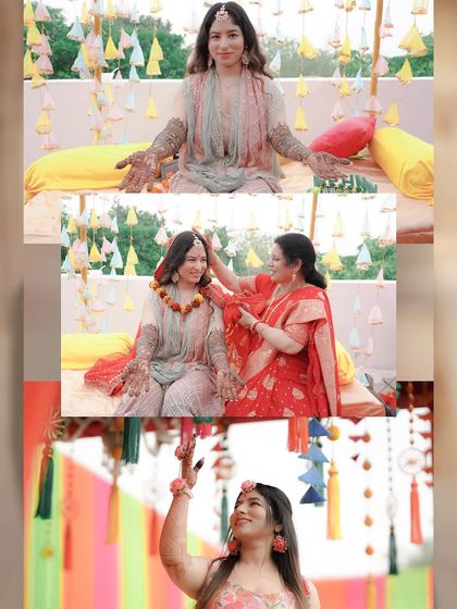 A collage showcasing different moments from a bride's Mehndi celebration. It captures the bride displaying her henna, a sweet moment with her mother, and her enjoying the colorful, festive decor.