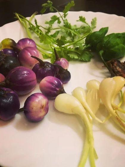 Another angle showing the beautiful, natural colors of the fresh Naga produce like bitter tomato and garlic.