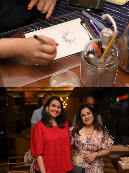 Moments from our event at Asper, featuring guests enjoying the evening and an artist at work on the live illustrations, adding a creative touch to the jewelry showcase.