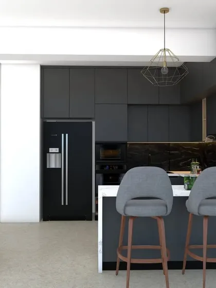 This perspective highlights the kitchen's social aspect, with bar stools at the peninsula creating an inviting space for conversation. The glass-fronted crockery unit adds a touch of elegance and display.