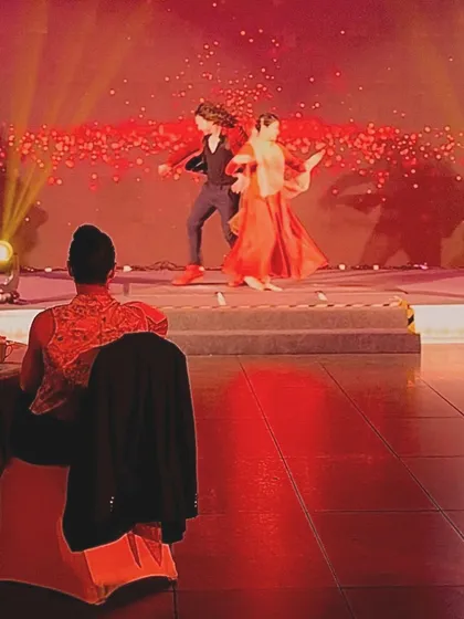 An out-of-focus shot from a Flamenco-Kathak fusion performance, capturing the blur of movement.