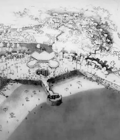 A conceptual sketch for the Fort Aguada resort, illustrating how the built form emerges from the coastal landscape. The design follows the contours of the land, creating a harmonious relationship between architecture and nature.