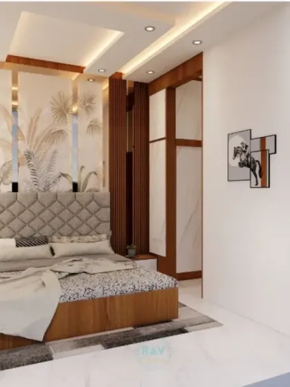 Another view of the cozy bedroom, showing the layout and the warm, inviting atmosphere created by the material and color choices.