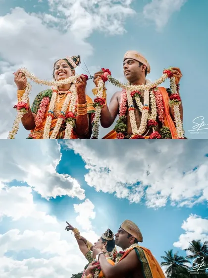 A playful moment with the garlands against a beautiful sky. We look for creative angles to make your wedding photos unique and full of life.