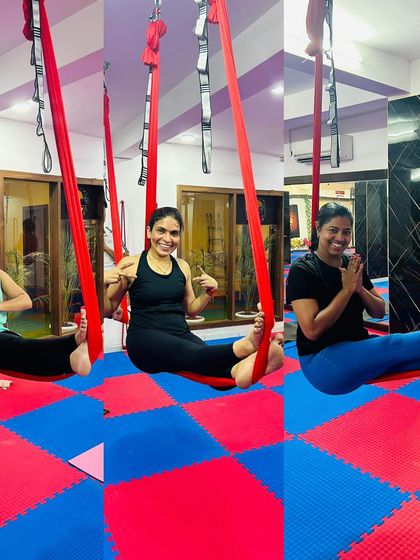 The smiles say it all. Our students enjoy the playful and supportive atmosphere of our aerial classes, whether they are sitting in the hammock or trying a new pose.